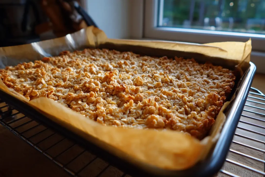 Baked peanut butter flapjack slab cooling in the pan