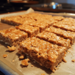 Chewy peanut butter flapjacks sliced into bars