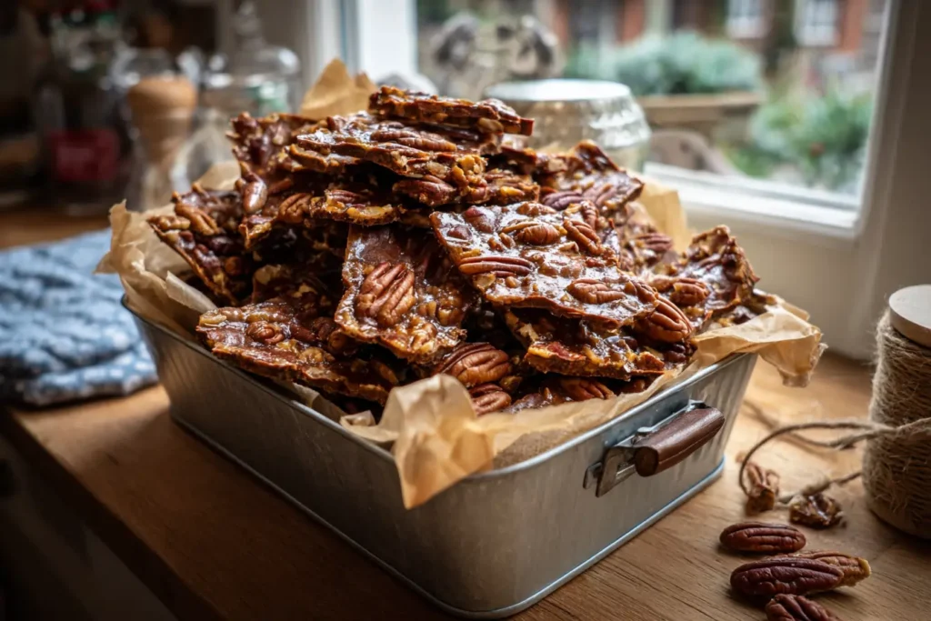 Pecan pie bark pieces in a cookie tin lined with parchment