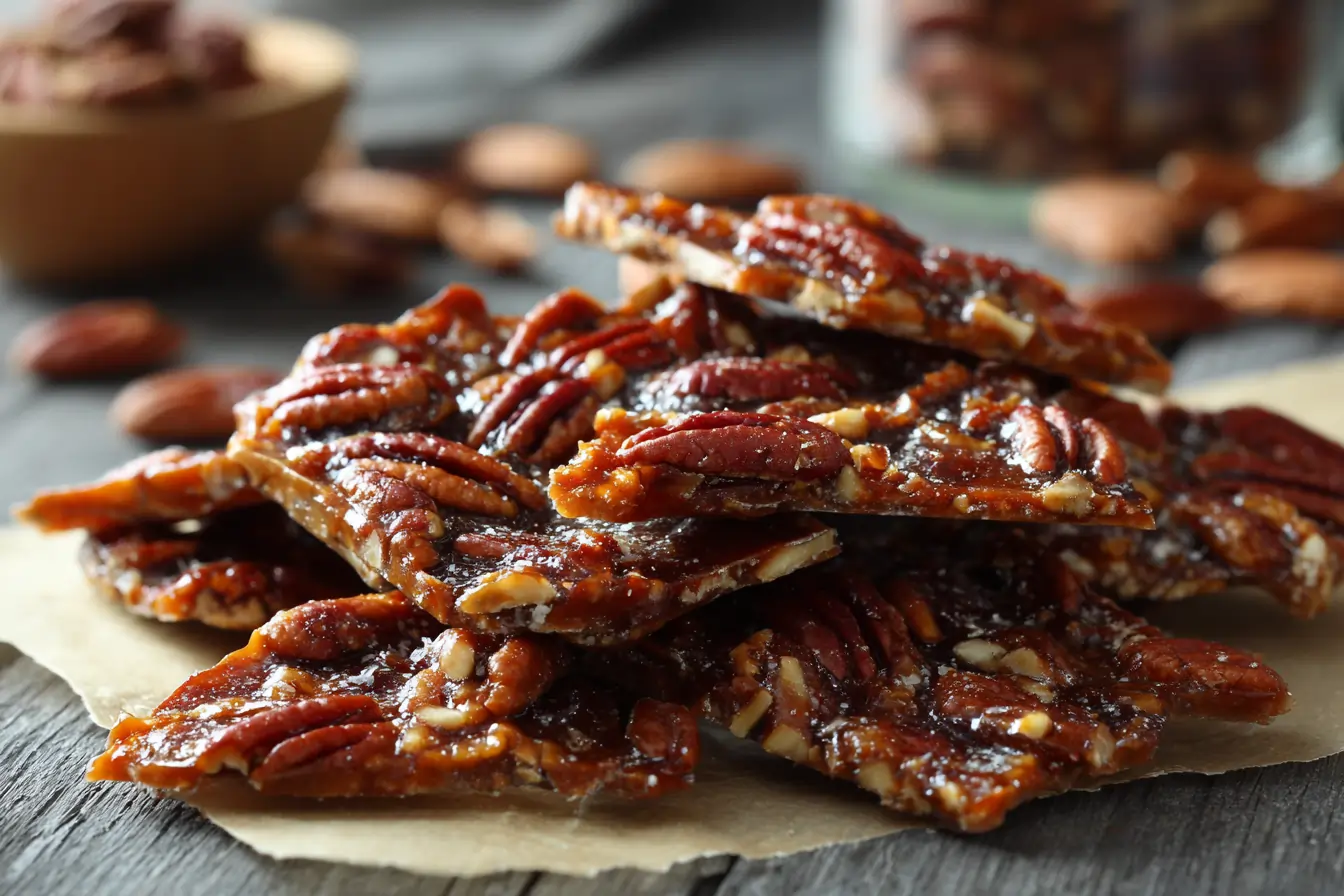 Cooled pecan pie bark broken into rustic pieces on parchment paper