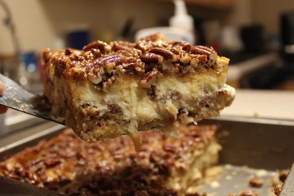 Pecan pie lasagna slice lifted from the pan showing crust, cream cheese, pudding, and pecans