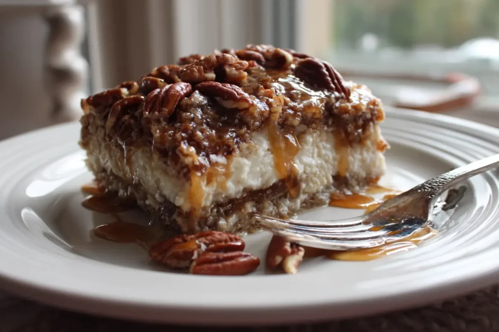 Pecan pie lasagna slice with creamy layers, pecans, and caramel drizzle