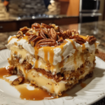 Pecan pie lasagna slice with creamy layers and pecan topping