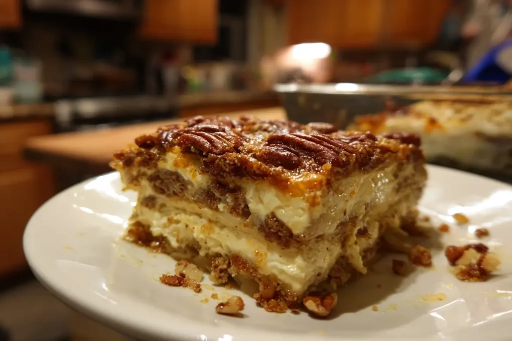 Single slice of pecan pie lasagna showing layers for serving size reference