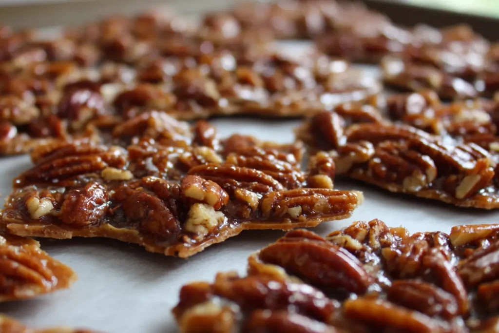 Pecan halves spread on a parchment-lined baking sheet for pecan pie bark