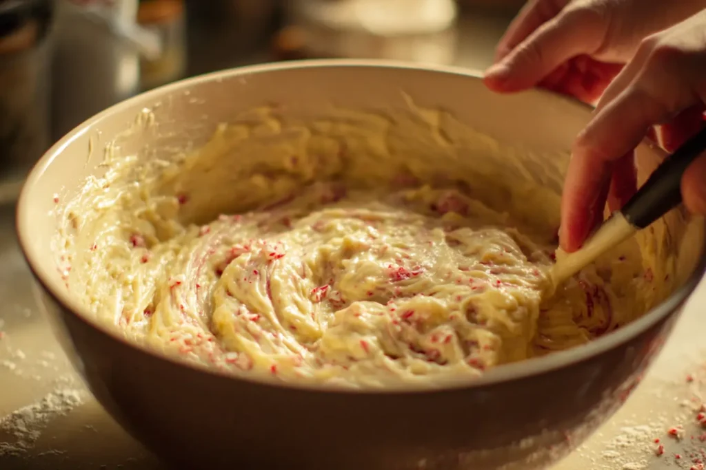 Peppermint pancake batter being stirred in a mixing bowl with a spatula