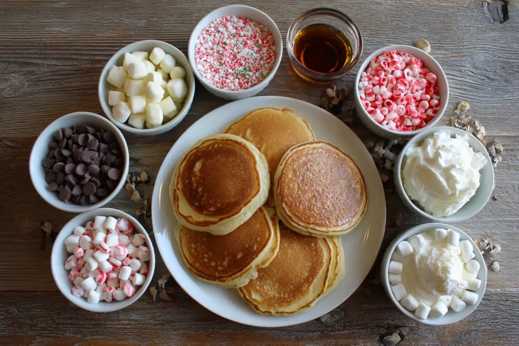 Peppermint pancakes with a toppings bar of candy canes, chocolate chips, marshmallows, and syrup