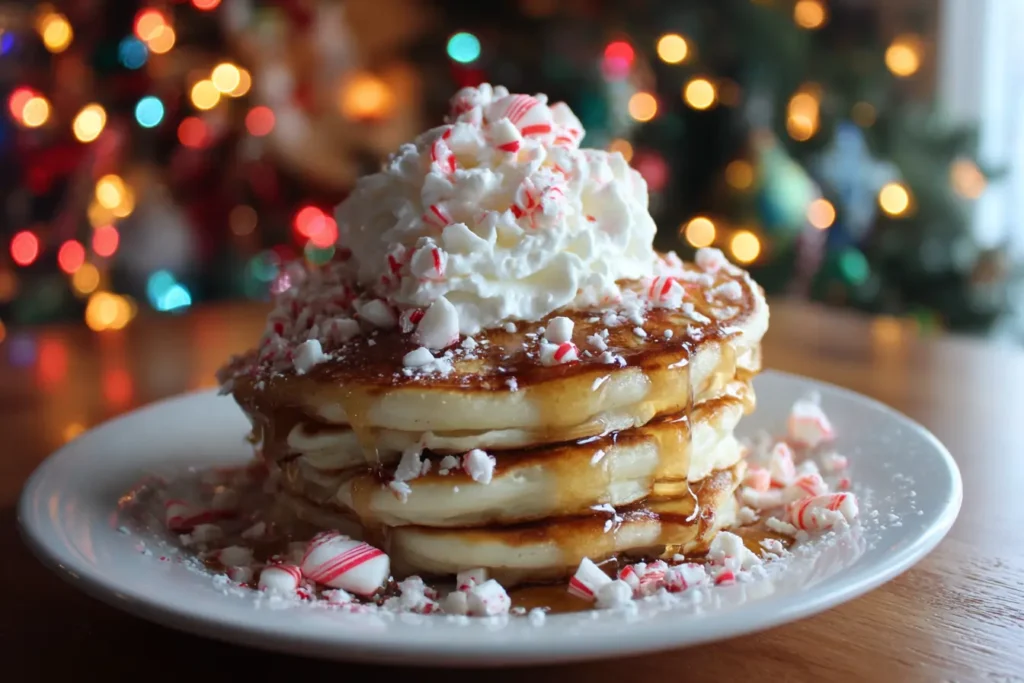 Stack of fluffy peppermint pancakes topped with whipped cream, crushed candy canes, and maple syrup