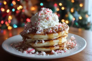 Stack of fluffy peppermint pancakes topped with whipped cream, crushed candy canes, and maple syrup