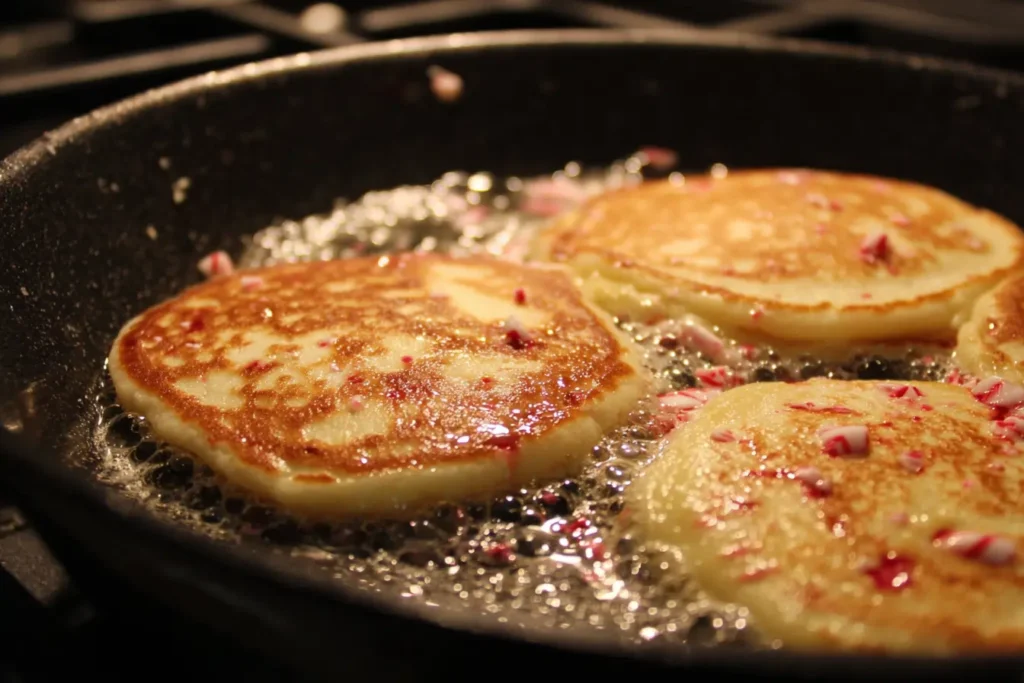 Peppermint pancakes cooking on a skillet with bubbles forming on top