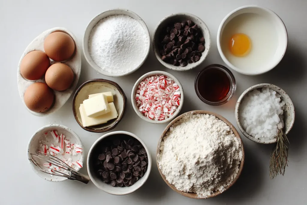 Overhead view of peppermint pancake ingredients arranged on a white kitchen counter