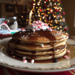 Stack of fluffy peppermint pancakes topped with whipped cream and crushed candy canes