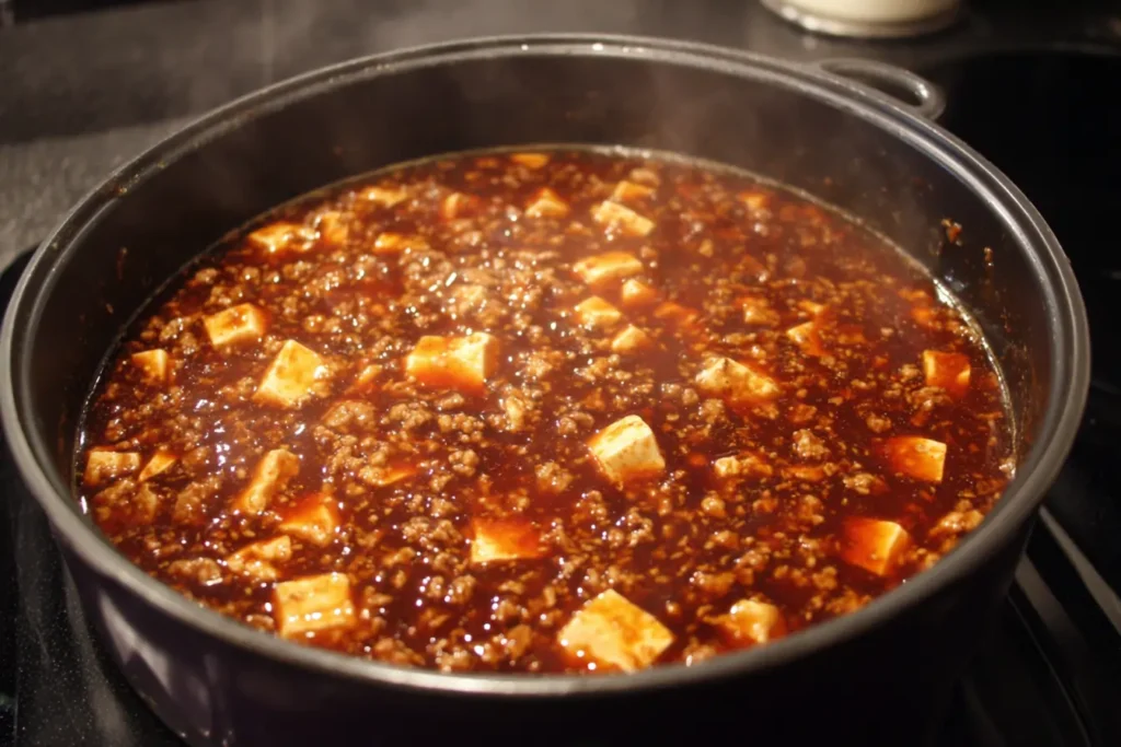 Tofu and beef one pot simmering in a glossy soy sauce with gentle bubbles and coated pieces