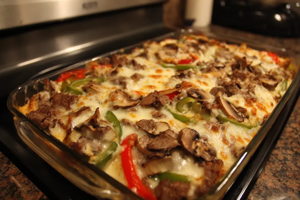 Philly cheesesteak casserole ingredients with beef, onions, and provolone