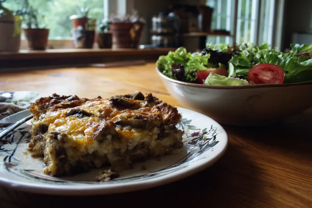 plated Philly cheesesteak casserole with a simple side salad