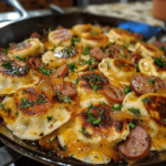 Golden pierogi and sausage skillet with onions in a cast iron pan