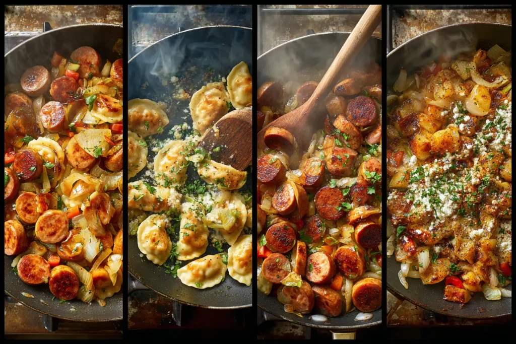 Four-step collage showing browning sausage, crisping pierogies, adding vegetables, and the finished skillet