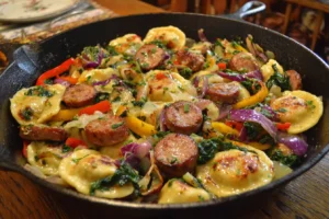 Colorful pierogi and sausage skillet with bell peppers, cabbage, and spinach served in a pan on a wooden table