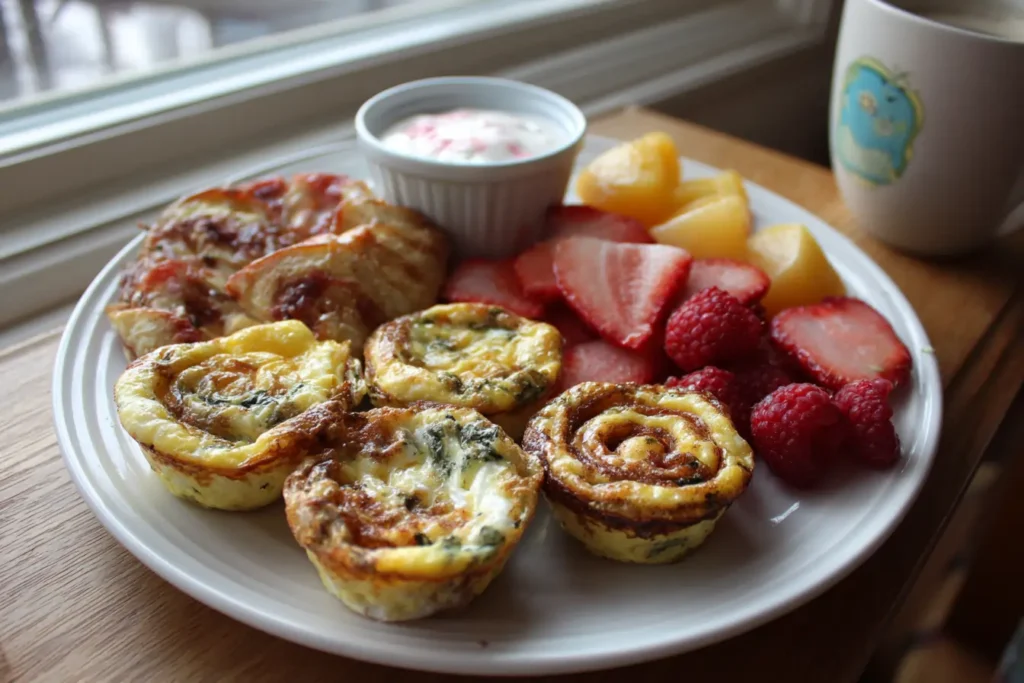 Pinwheel egg cups served with fruit and yogurt for a balanced breakfast