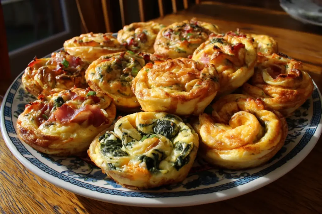 Assorted pinwheel egg cups with tortilla spirals and different fillings