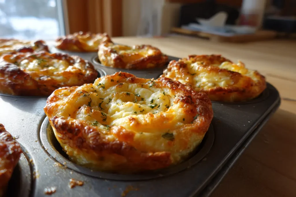 Baked pinwheel egg cups in a muffin tin with golden edges
