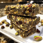 Amateur phone photo of pistachio cranberry chia bars with chopped pistachios and dried cranberries