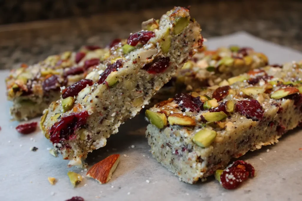 Close-up of pistachio cranberry chia bars being sliced on parchment paper