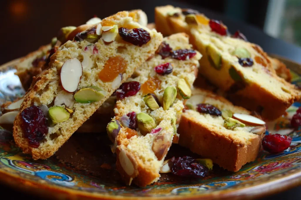 Rustic plate piled high with colorful fruit and nut biscotti slices