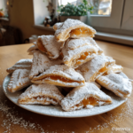 Polish kolaczki cookies dusted with powdered sugar, filled with apricot and raspberry, on a plate