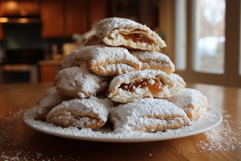 Polish kolaczki cookies on a plate dusted with powdered sugar with thick apricot and raspberry filling