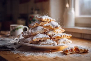 Polish kolaczki cookies stacked on a plate with powdered sugar and apricot and raspberry filling