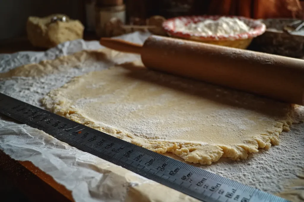Rolled Polish kolaczki dough on parchment with a ruler showing 1/4 inch and 1/8 inch thickness