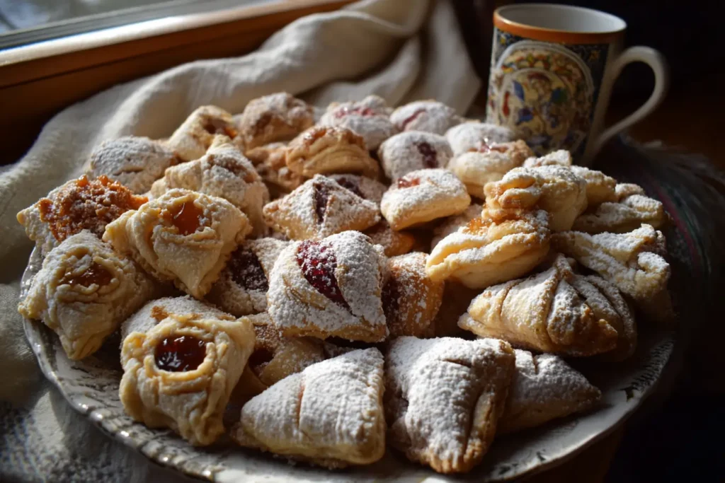 Cookie tray of Polish kolaczki in envelope and pinwheel shapes with apricot and raspberry filling