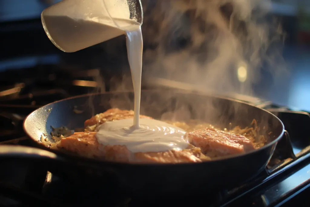 Coconut milk being poured into a skillet with sautéed garlic and shallots for Coconut Lime Salmon