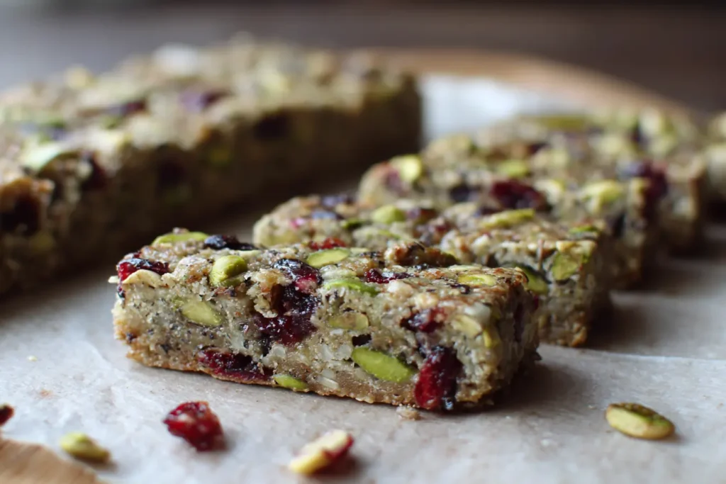 Pressing pistachio cranberry chia bar mixture into a parchment-lined pan with a glass