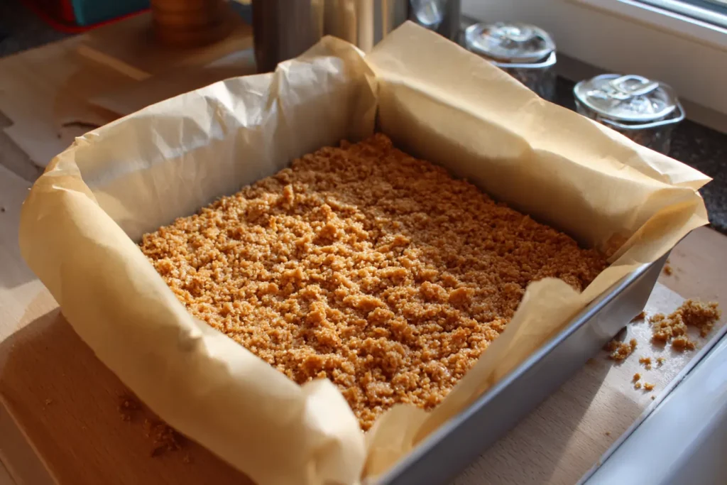 Peanut butter flapjack mixture pressed firmly into a parchment-lined pan