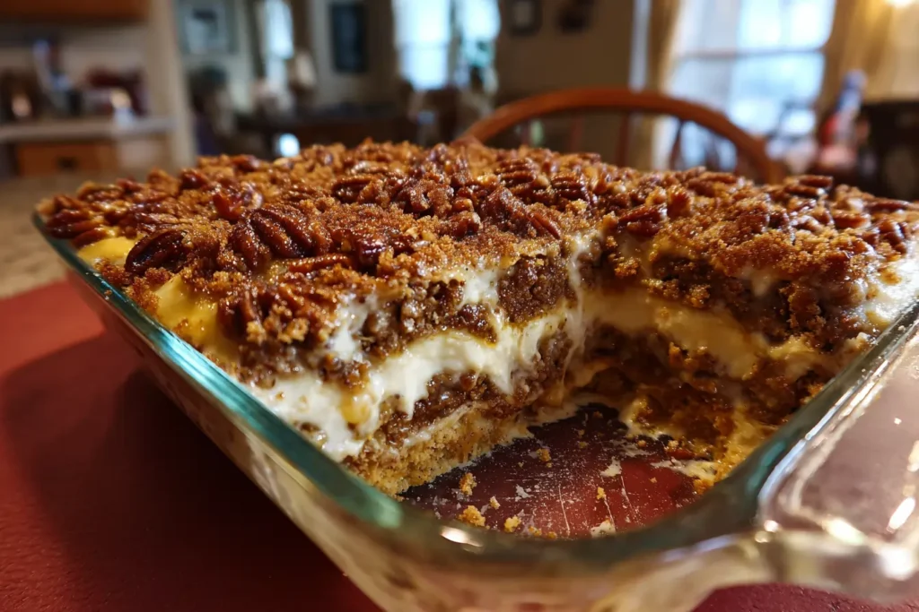 Graham cracker crust being pressed into a 9x13 dish for pecan pie lasagna