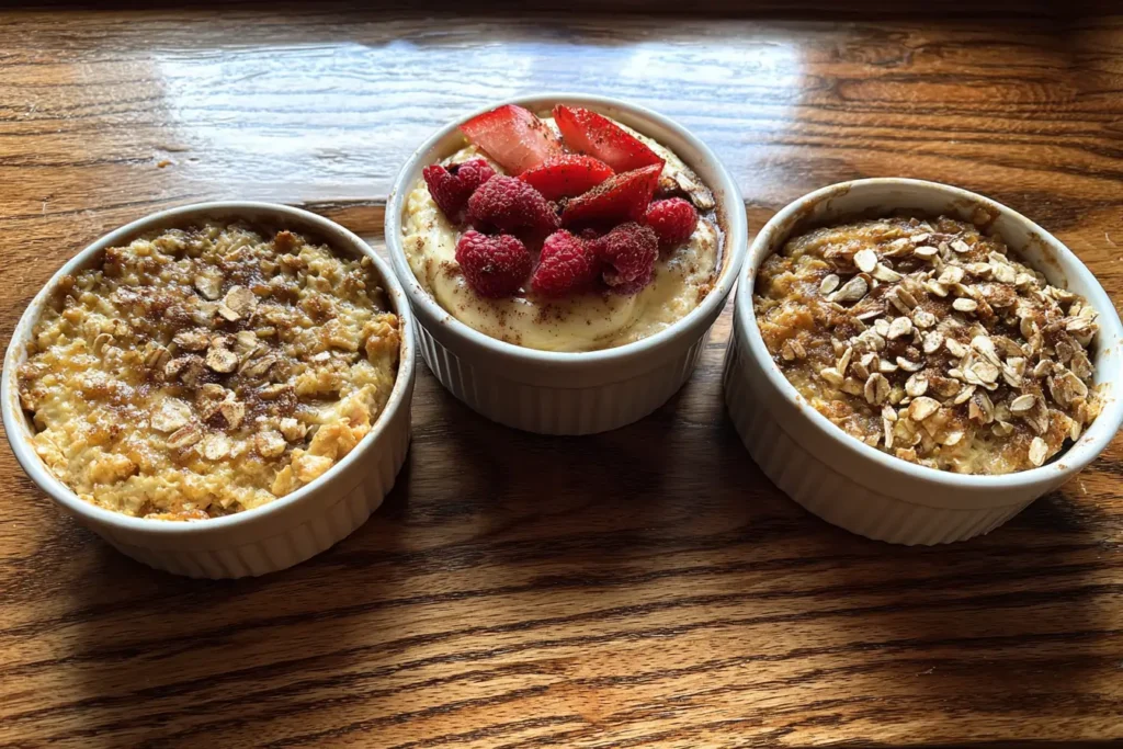Three bowls showing rolled oats, quick oats, and steel-cut oats for Cinnamon Cottage Cheese Oatmeal Bake texture comparison