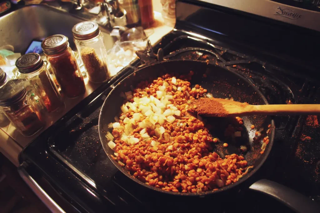 Diced onions and garlic sautéing in a skillet with a wooden spoon