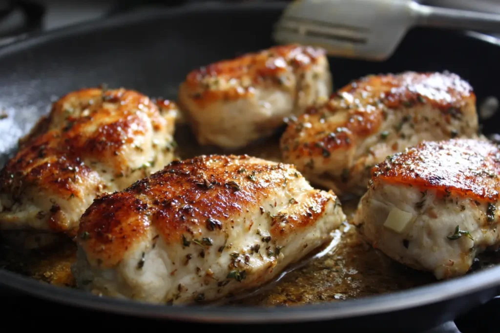 Apple and brie stuffed chicken breast searing in a skillet