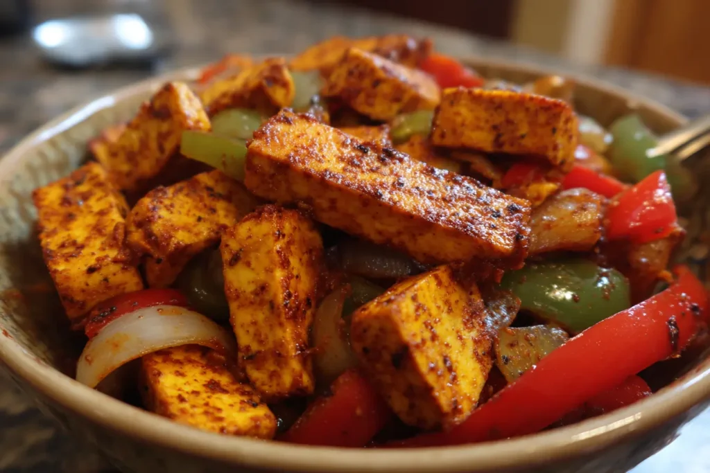 Bowl of tofu strips tossed in fajita seasoning mix with visible spices