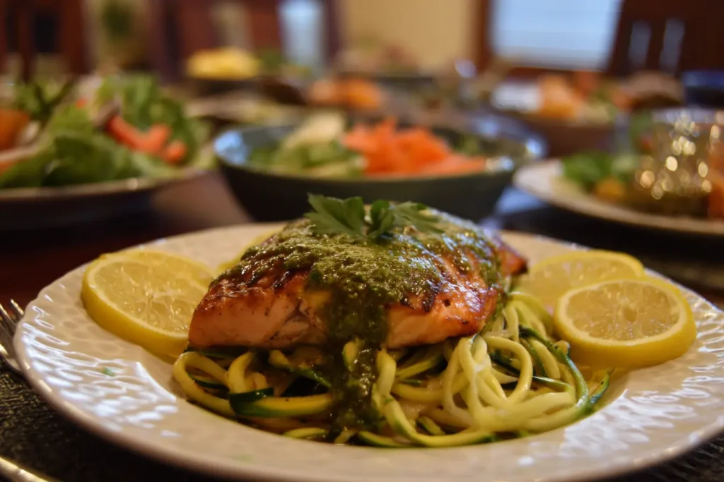 Citrusy salmon with zoodles, cilantro chutney, and simple veggie sides