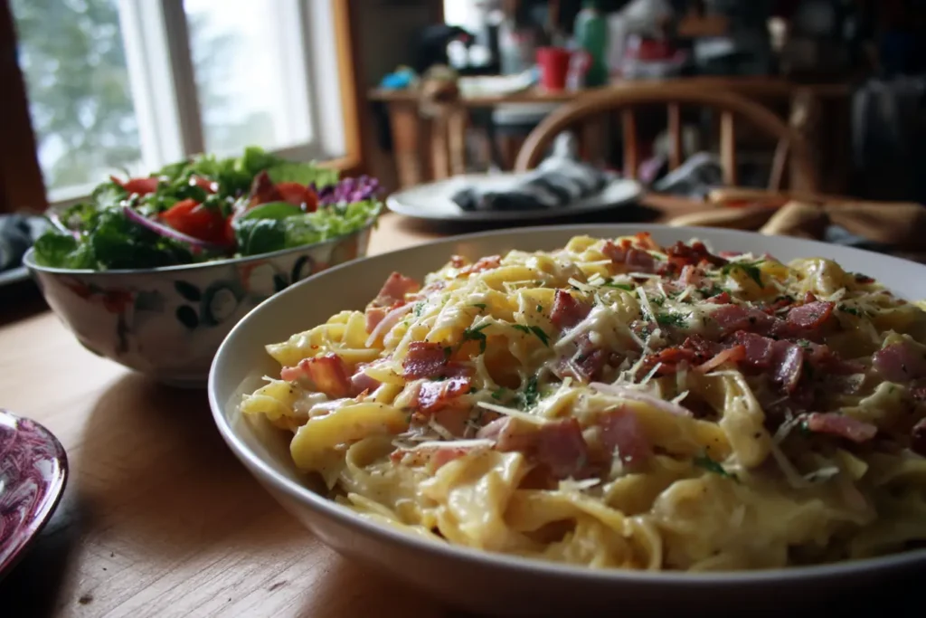 Bowl of creamy carbonara served with a simple side salad