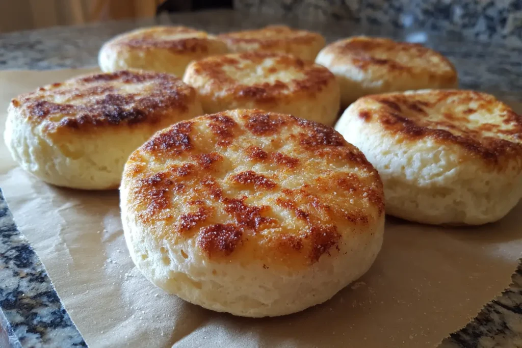 Shaped homemade buttermilk English muffin dough rounds before cooking