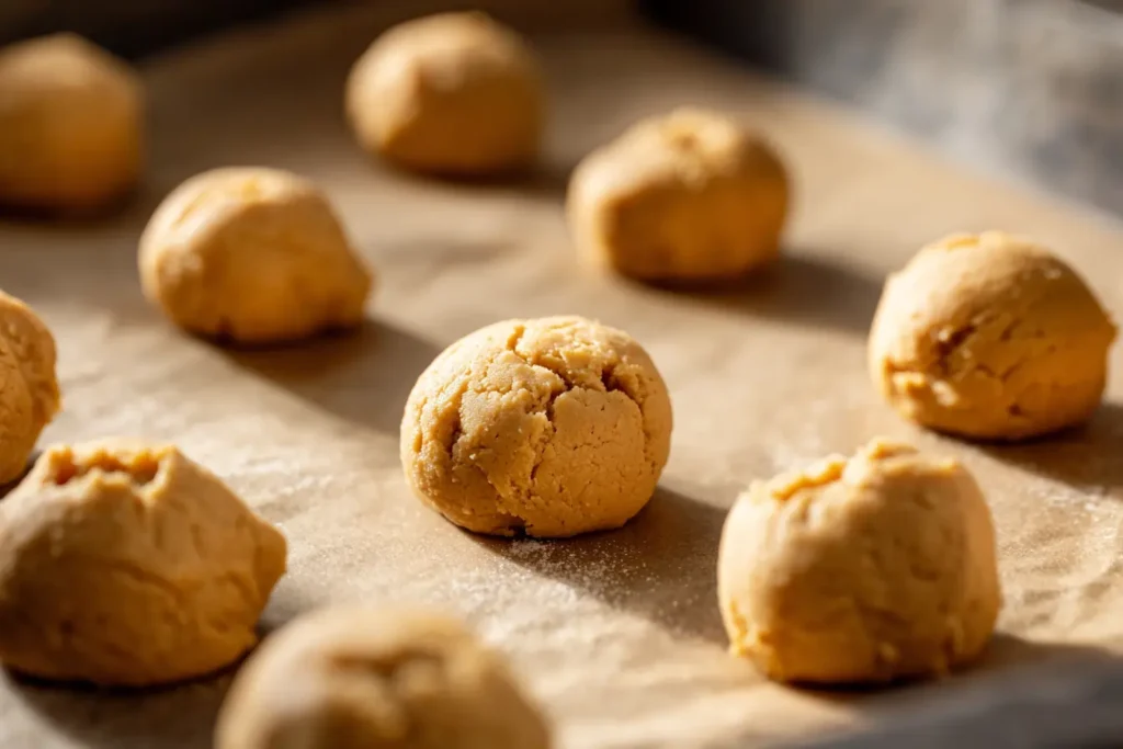 Keto peanut butter cookie dough balls on a parchment-lined baking sheet