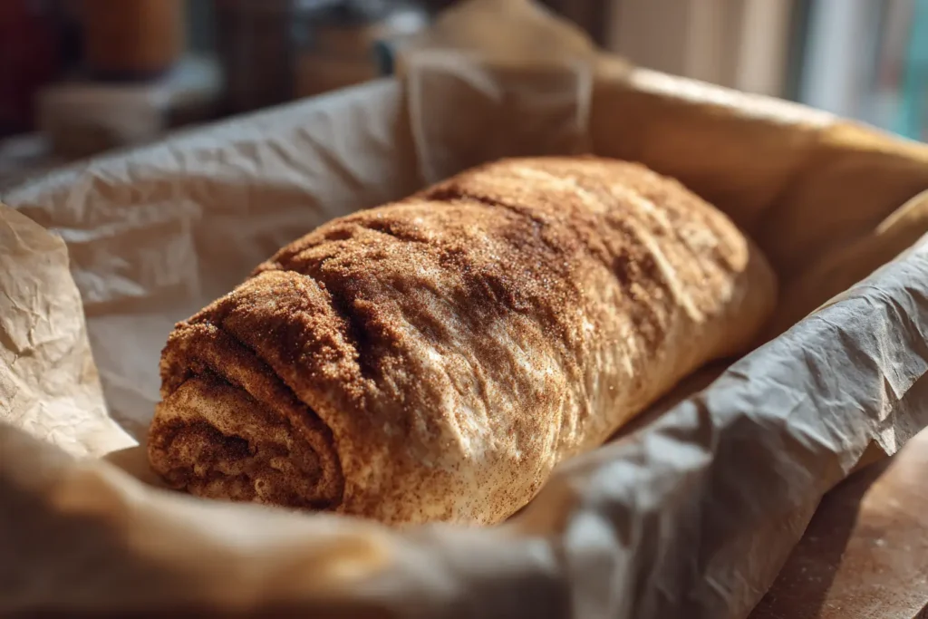 Cinnamon sugar swirl sourdough dough rolled into a log with the seam sealed