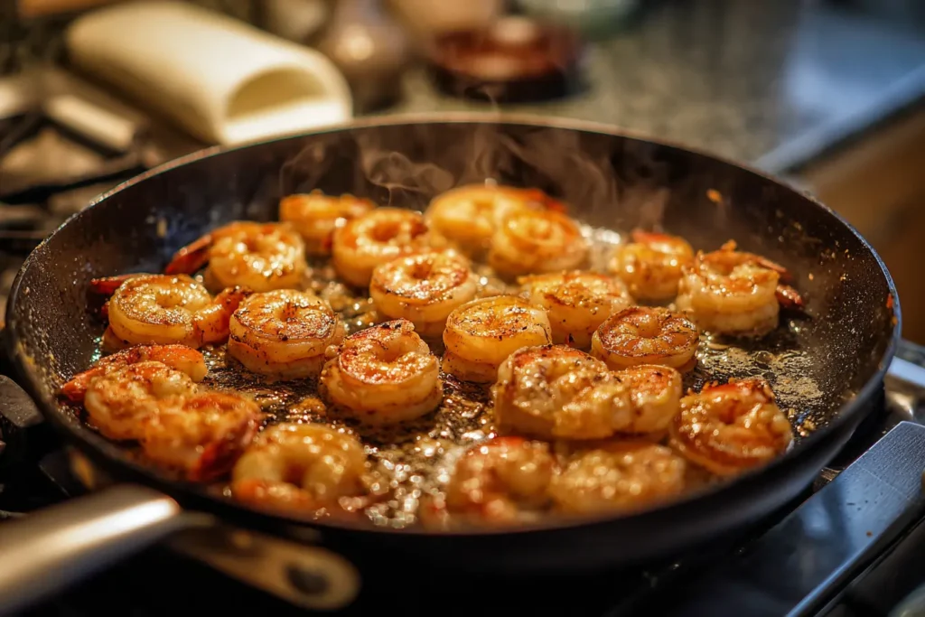 Shrimp searing in a skillet in a single layer with golden edges and steam rising