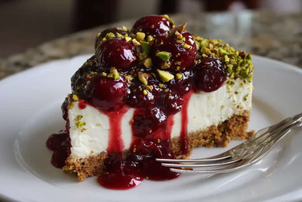 Slice of Cherry Pistachio No Bake Cheesecake with thick pistachio layer, cherry topping, and crunchy crust on a white plate.