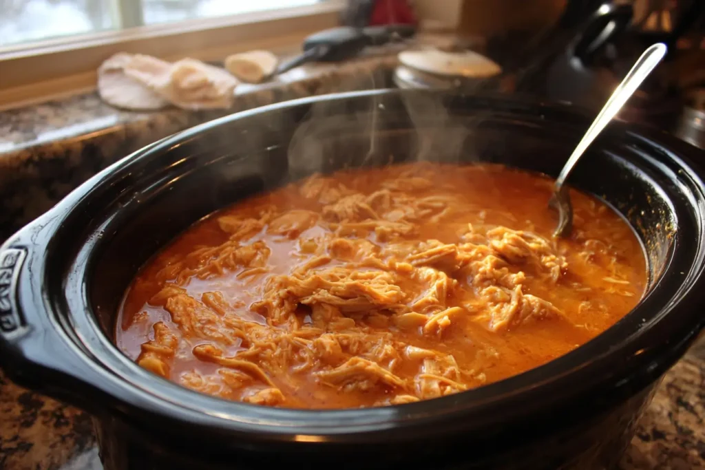 Buffalo chicken tortilla soup topping bar with tortilla strips and ranch