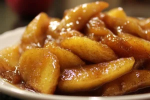 Slow Cooker Cracker Barrel Fried Apples in glossy cinnamon brown sugar sauce